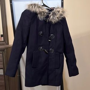 Forever 21 Navy blue coat with fasteners. Faux fur and plaid lined hood. Small